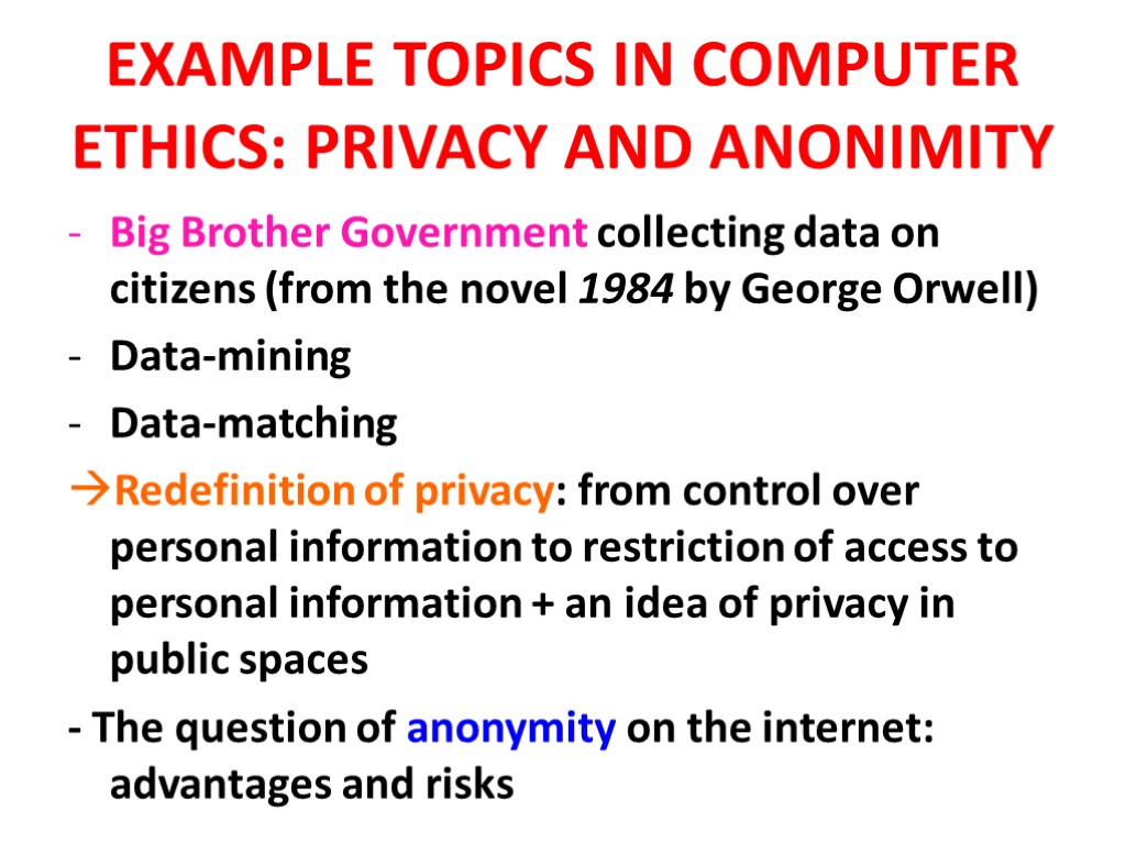 EXAMPLE TOPICS IN COMPUTER ETHICS: PRIVACY AND ANONIMITY Big Brother Government collecting data on